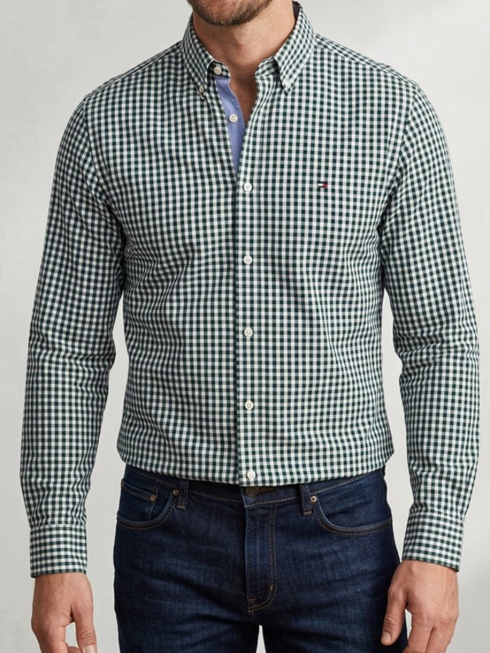 Tommy Hilfiger Men's Green & White Oxford Shirt | Size Medium | Classic Fit